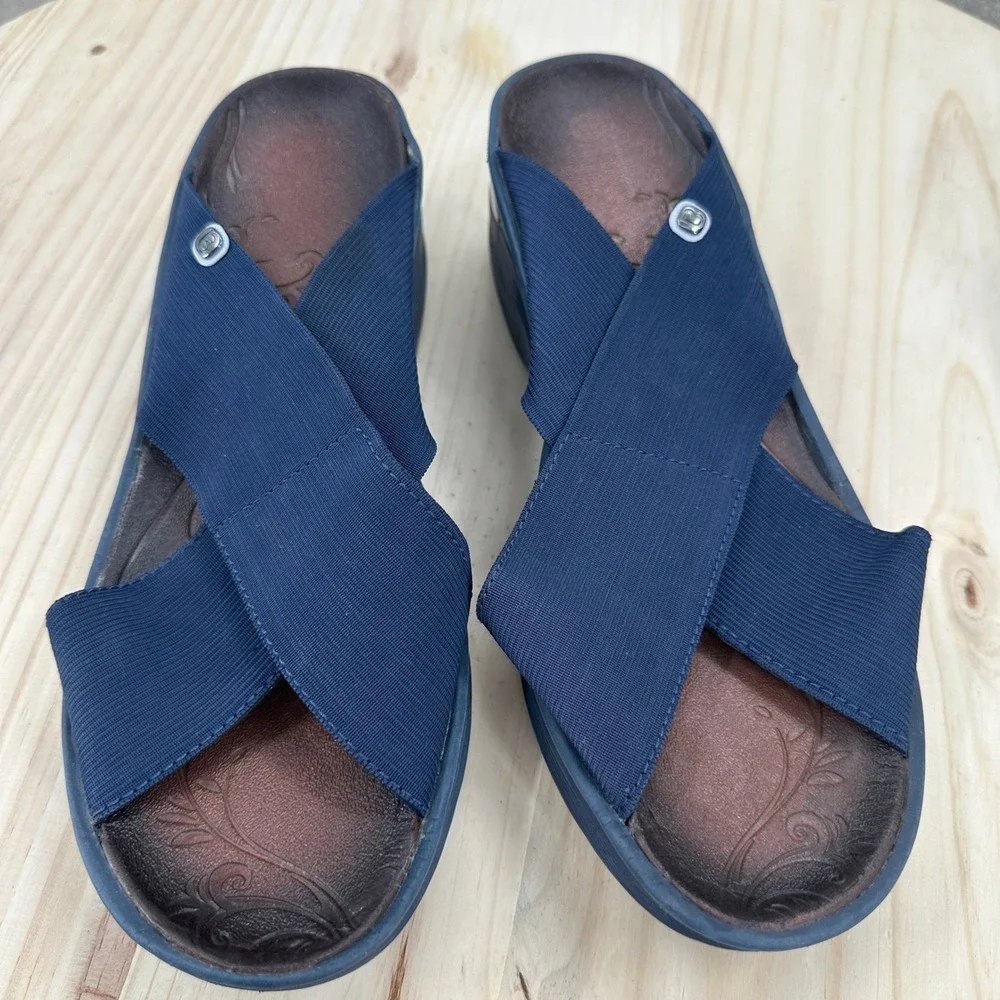 Bzees Desire Navy Blue Stretch Fabric Cross Strap Wedge Sandals 9.5 Slip On Shoe